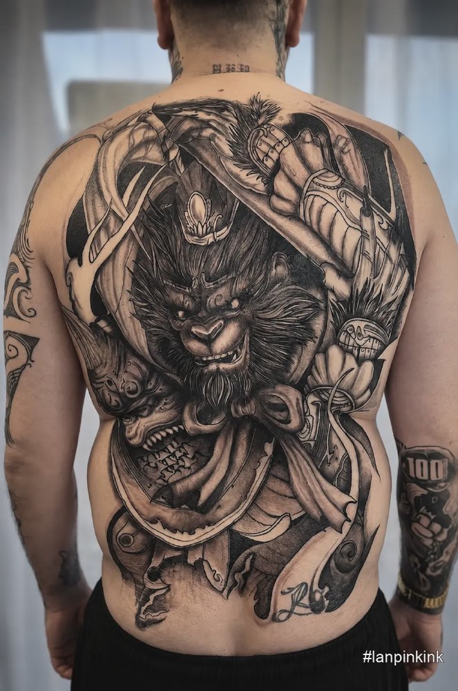 GuKong - hình xăm full lưng Tôn Ngộ Không phong cách Black & Grey hoàn thiện tại LanPink Tattoo