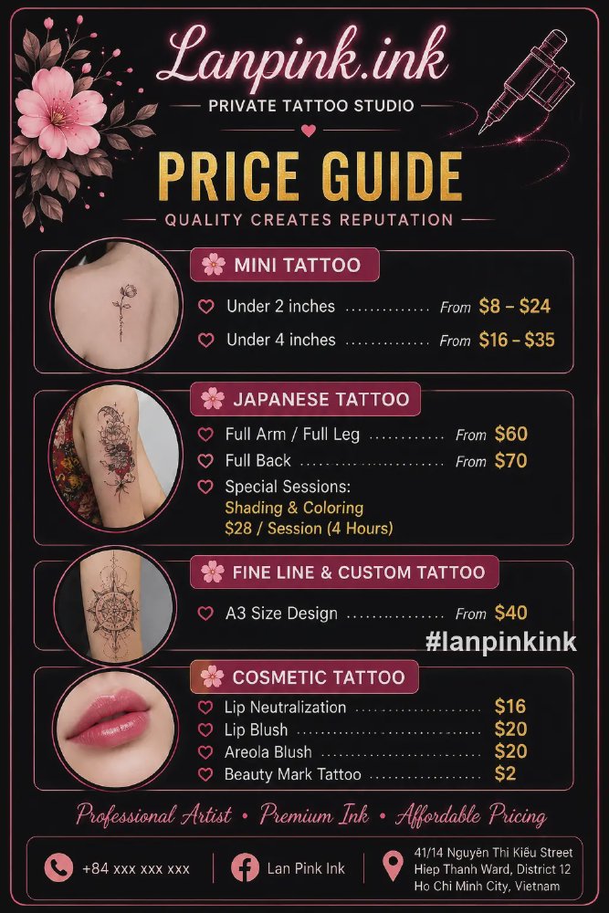 Lan Pink Tattoo price guide for mini tattoos, Japanese tattoos, fine line tattoos and cosmetic tattoo services in Ho Chi Minh City, Vietnam